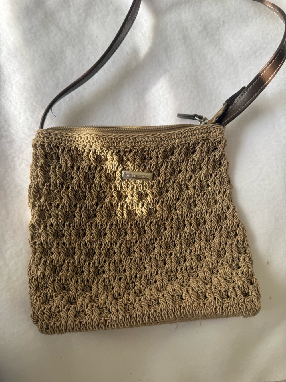 Minicci Tan Woven Crossbody Bag with Dark Brown Strap